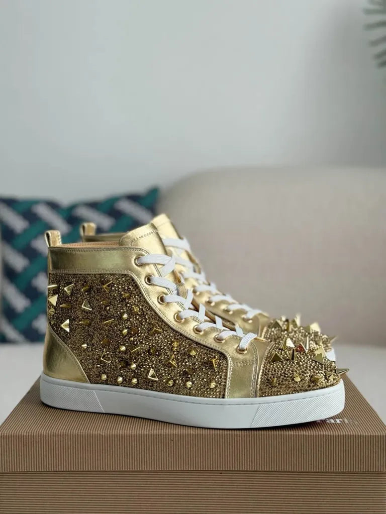 Christian Louboutin Louis High-Top Sneaker – Gold Strass & Spikes