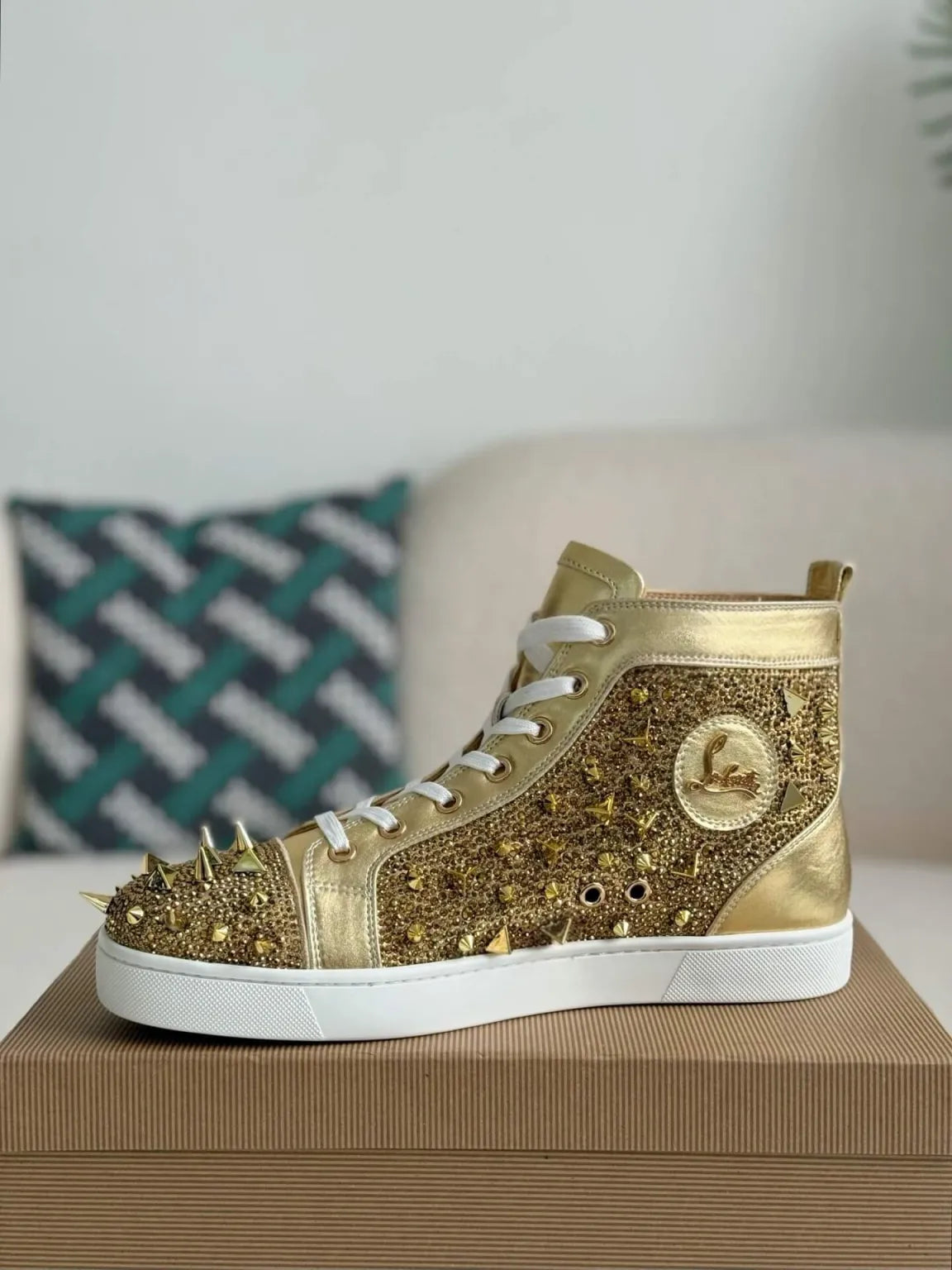 Christian Louboutin Louis High-Top Sneaker – Gold Strass & Spikes