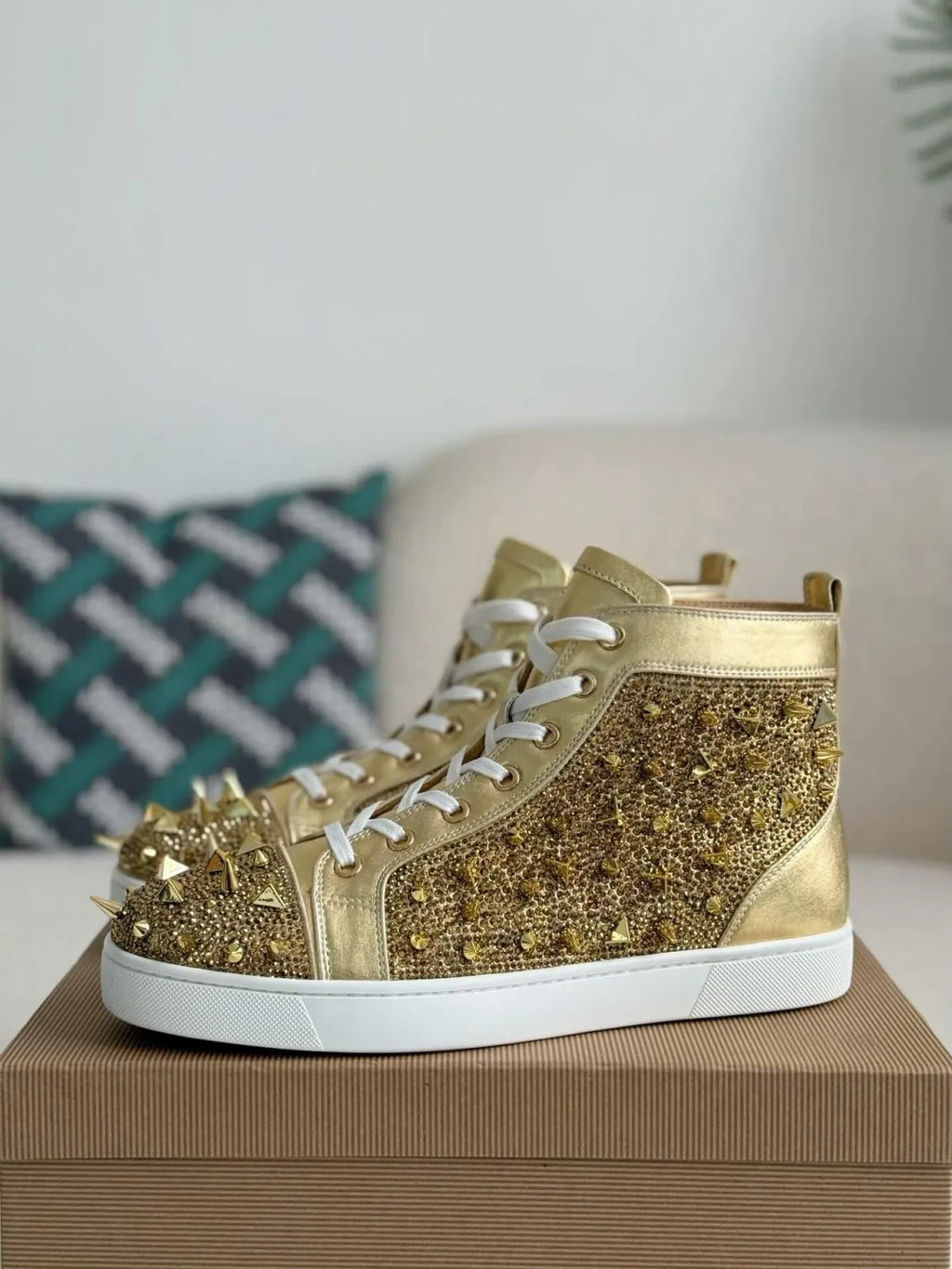 Christian Louboutin Louis High-Top Sneaker – Gold Strass & Spikes
