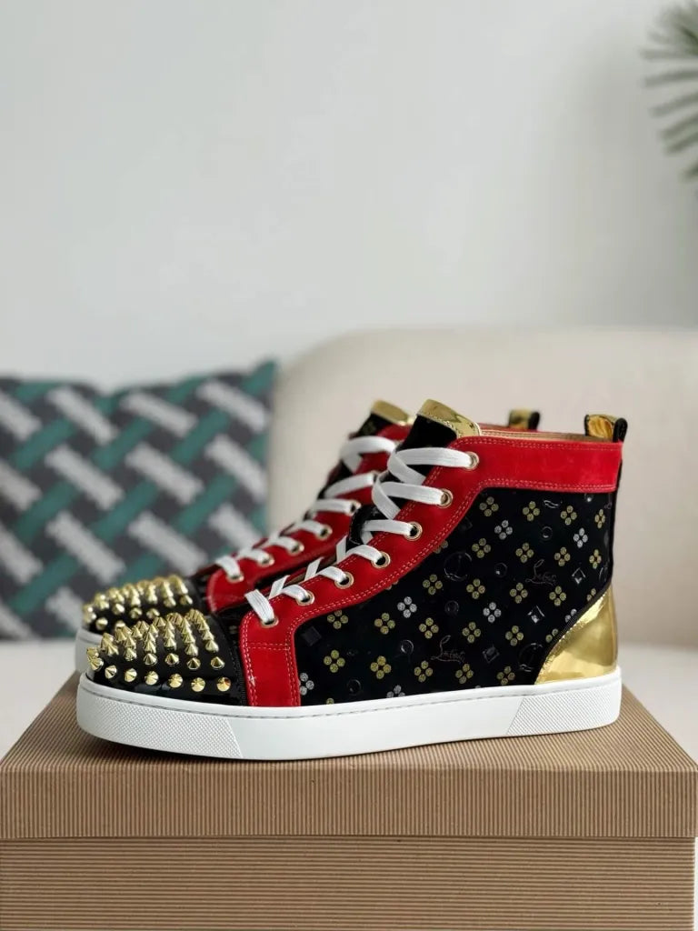 Christian Louboutin Louis High-Top Spikes Sneaker – Black, Red & Gold Patterned