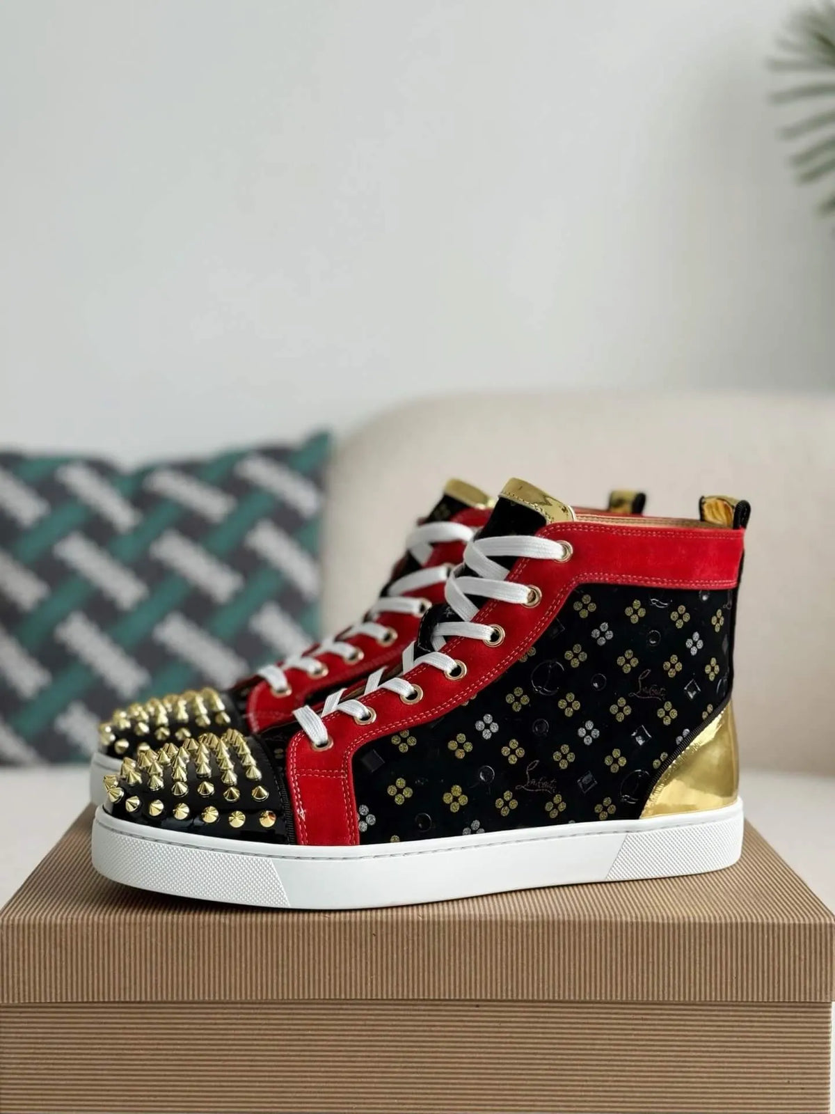Christian Louboutin Louis High-Top Spikes Sneaker – Black, Red & Gold Patterned
