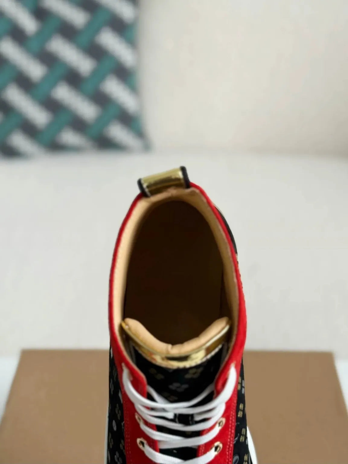 Christian Louboutin Louis High-Top Spikes Sneaker – Black, Red & Gold Patterned