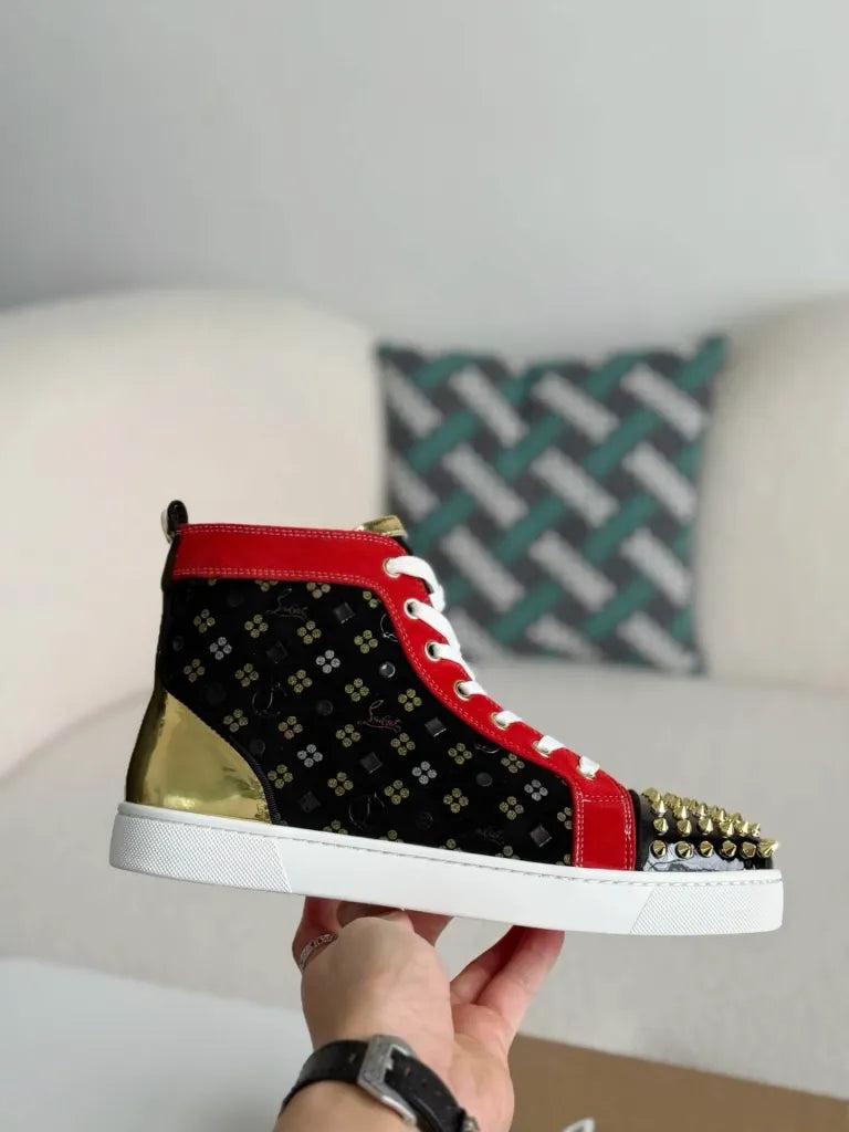 Christian Louboutin Louis High-Top Spikes Sneaker – Black, Red & Gold Patterned