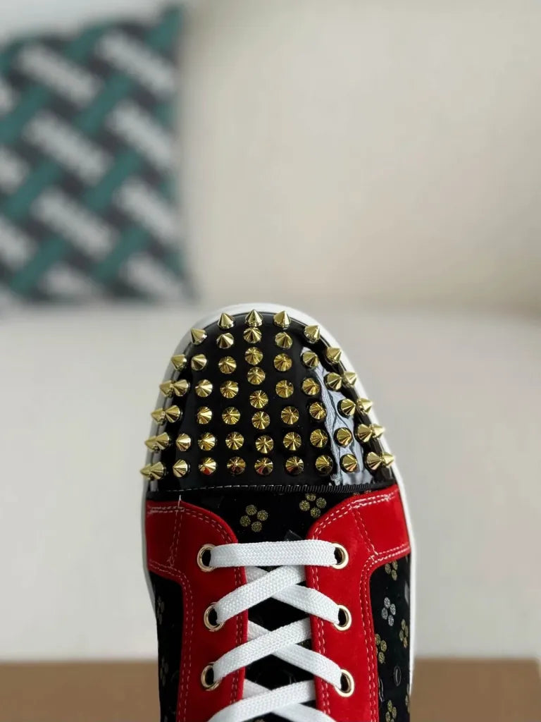 Christian Louboutin Louis High-Top Spikes Sneaker – Black, Red & Gold Patterned