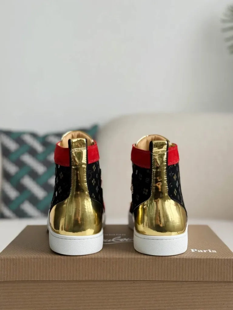 Christian Louboutin Louis High-Top Spikes Sneaker – Black, Red & Gold Patterned