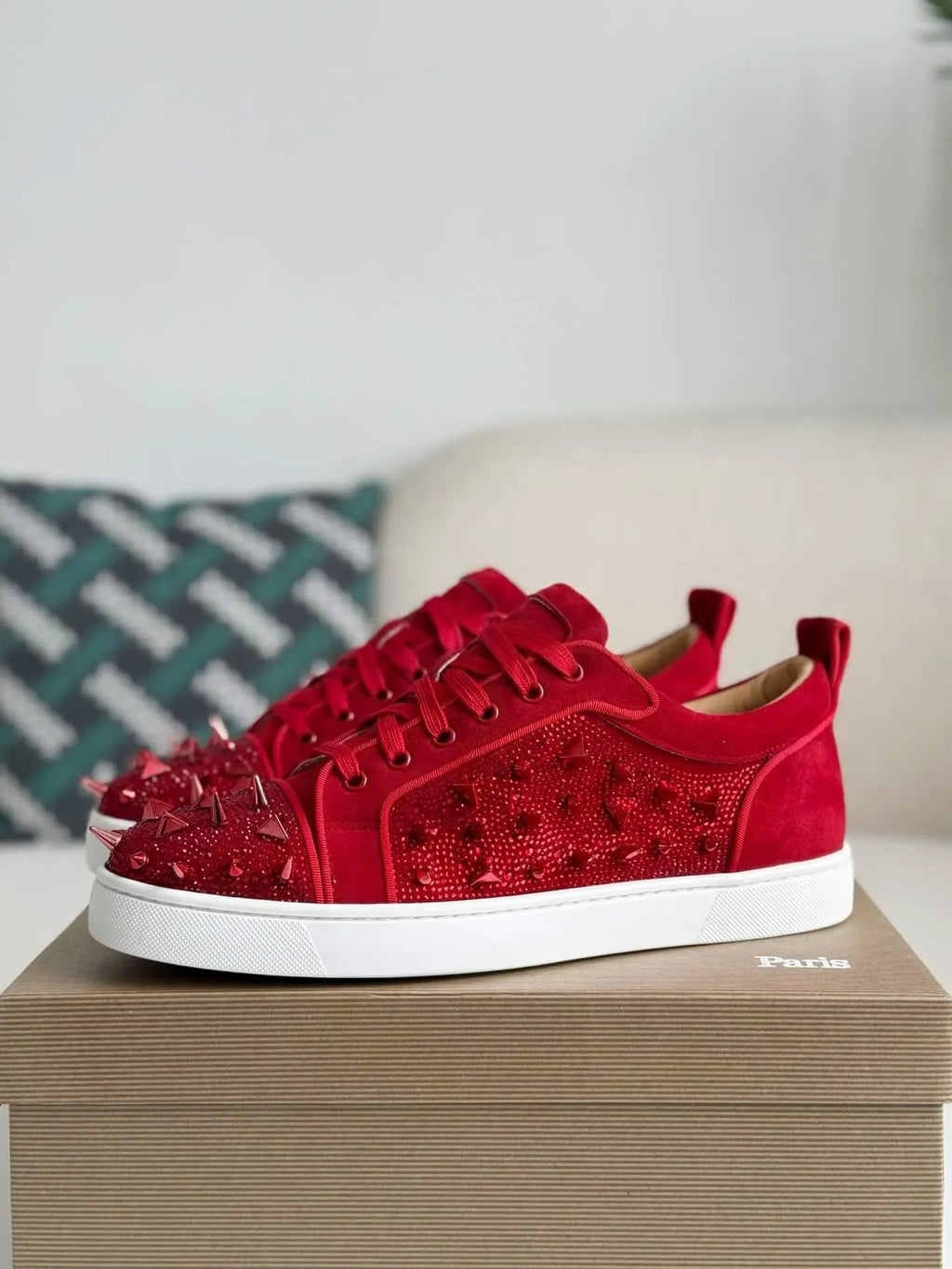 Christian Louboutin Louis Junior Sneaker – Red Suede, Strass & Spikes