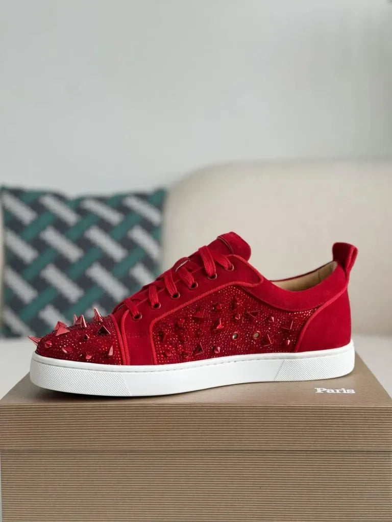 Christian Louboutin Louis Junior Sneaker – Red Suede, Strass & Spikes
