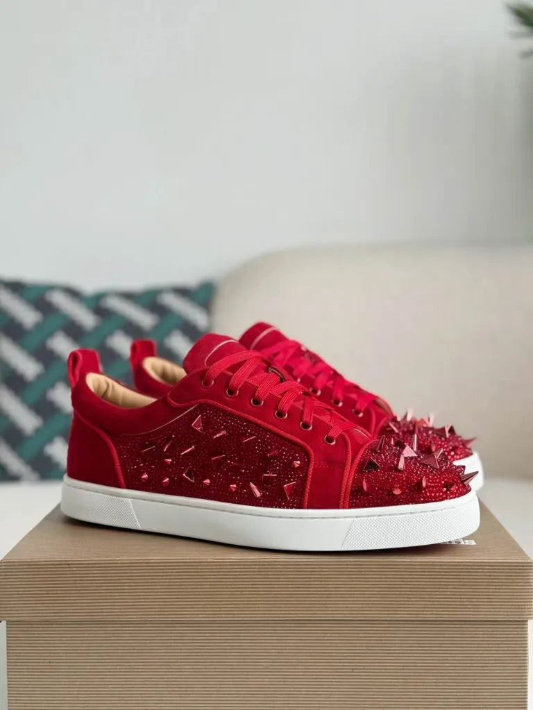 Christian Louboutin Louis Junior Sneaker – Red Suede, Strass & Spikes