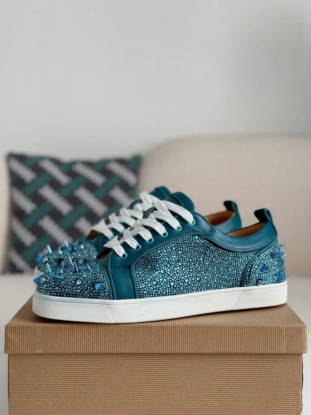 Christian Louboutin Louis Junior Sneaker – Teal Leather, Strass & Spikes