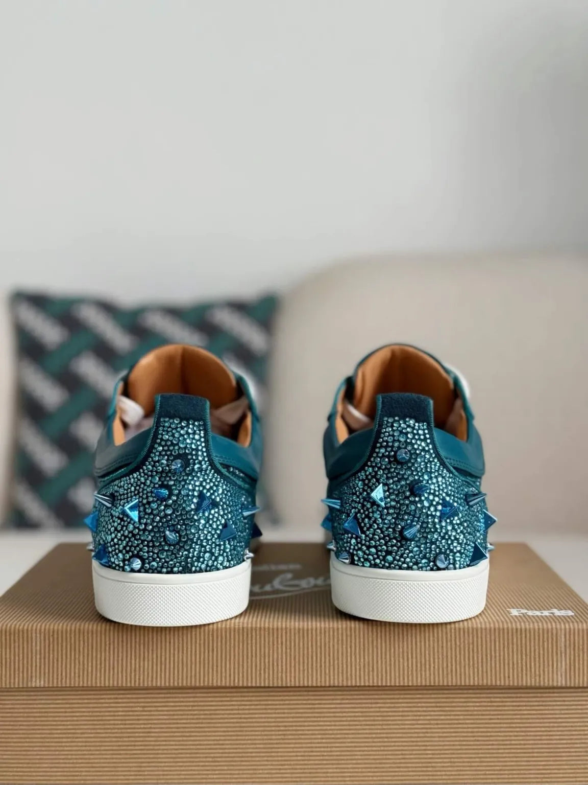 Christian Louboutin Louis Junior Sneaker – Teal Leather, Strass & Spikes