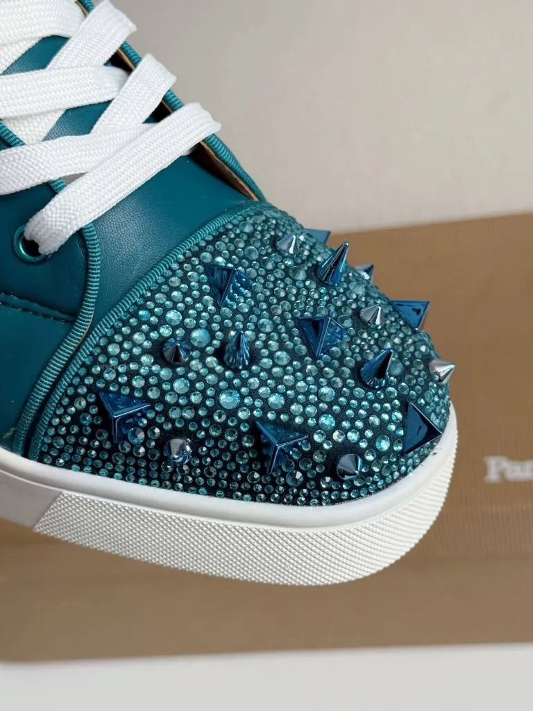 Christian Louboutin Louis Junior Sneaker – Teal Leather, Strass & Spikes