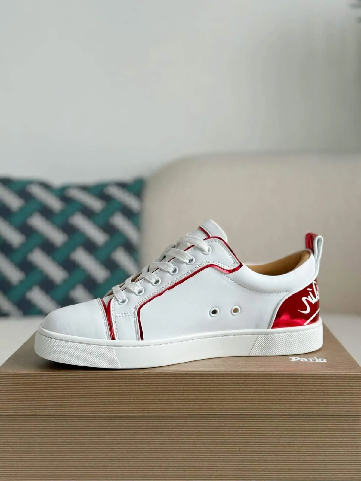 Christian Louboutin Louis Junior Sneaker – White Leather & Metallic Red
