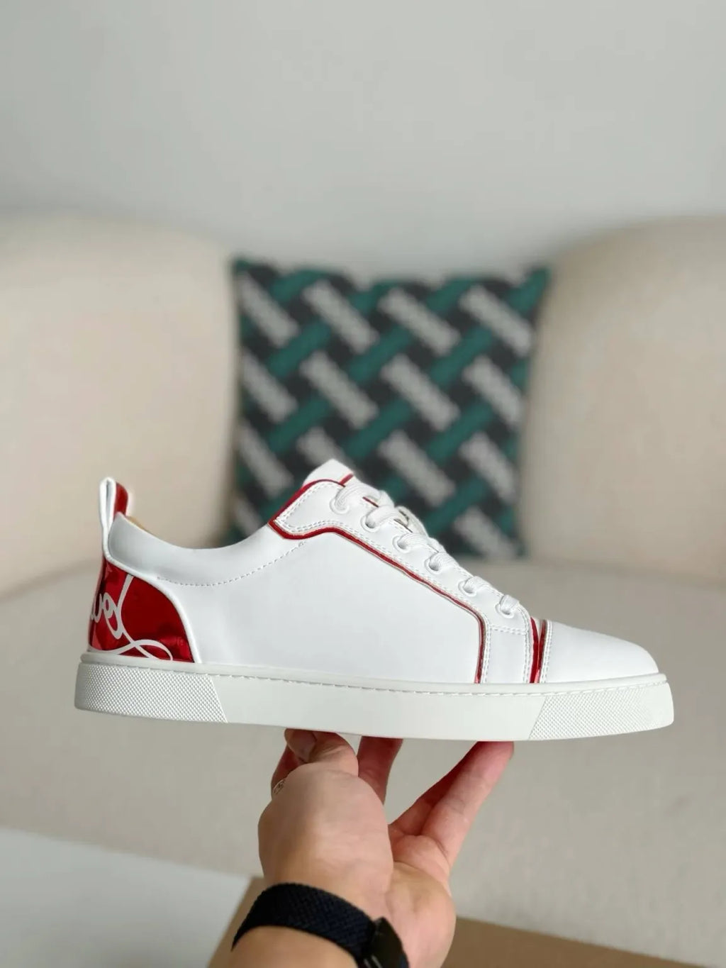 Christian Louboutin Louis Junior Sneaker – White Leather & Metallic Red