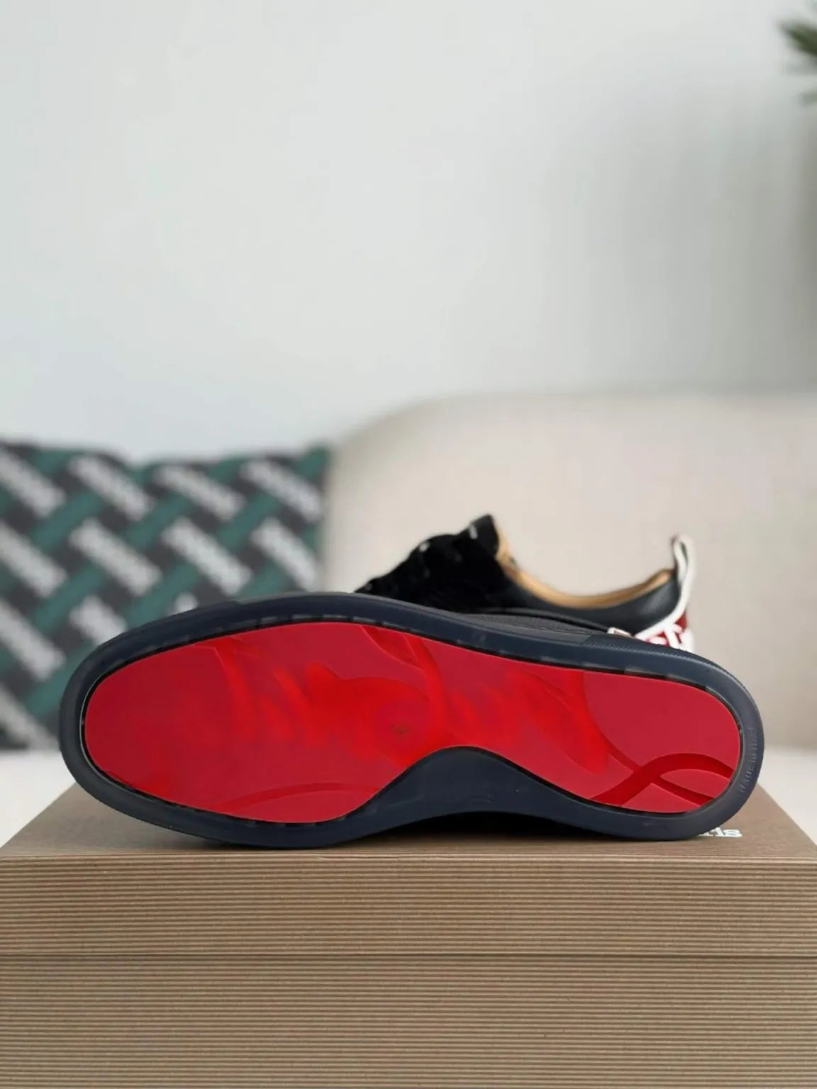Christian Louboutin Louis Junior Spikes Sneaker – Black Mesh, Suede & Metallic Red