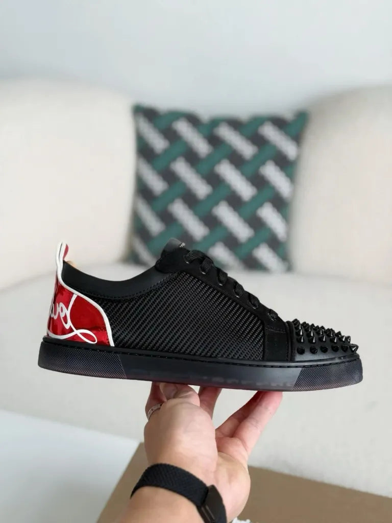 Christian Louboutin Louis Junior Spikes Sneaker – Black Mesh, Suede & Metallic Red