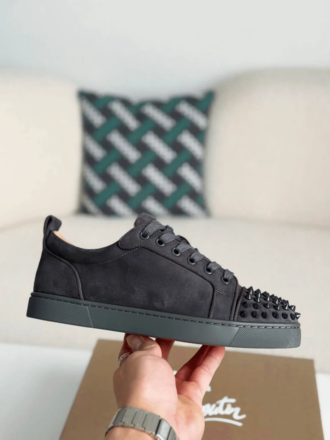 Christian Louboutin Louis Junior Spikes Sneaker – Dark Grey Suede