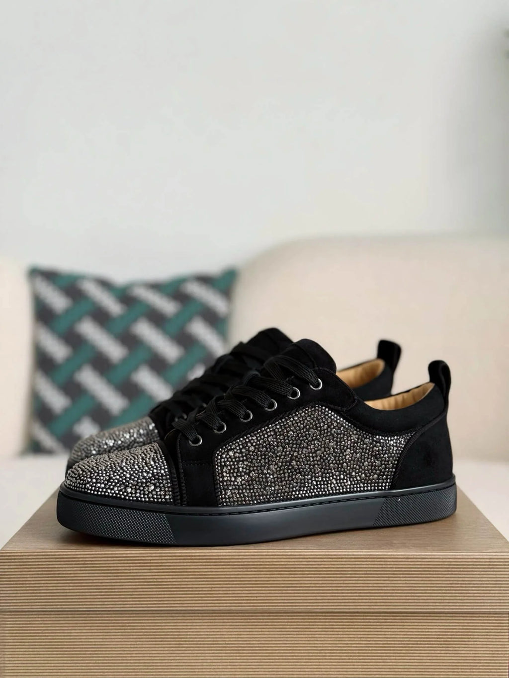 Christian Louboutin Louis Junior Strass Sneaker – Black Suede & Crystals