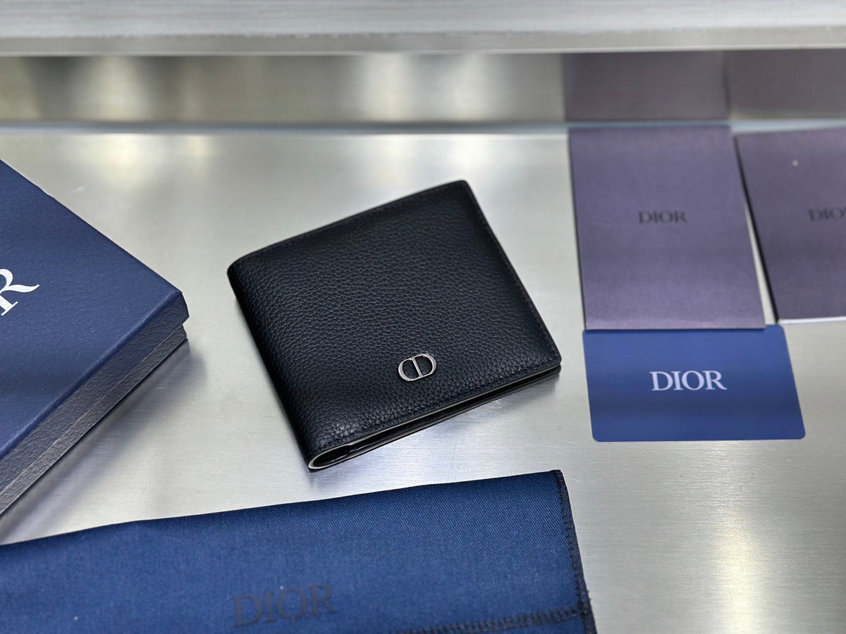 Dior CD Icon Bifold Wallet - Gris Flanelle Grained Calfskin Grey Leather Billfold
