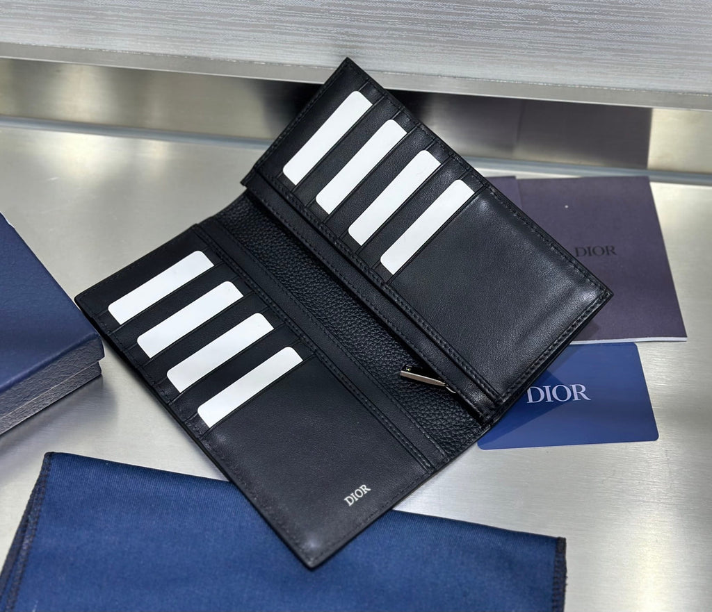 Dior Saddle Long Bifold Wallet - Black Grained Leather & Oblique