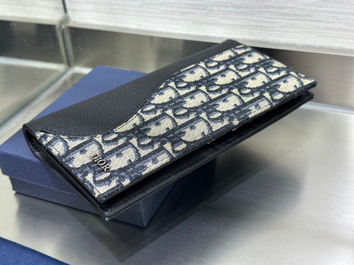 Dior Saddle Long Bifold Wallet - Black Grained Leather & Oblique