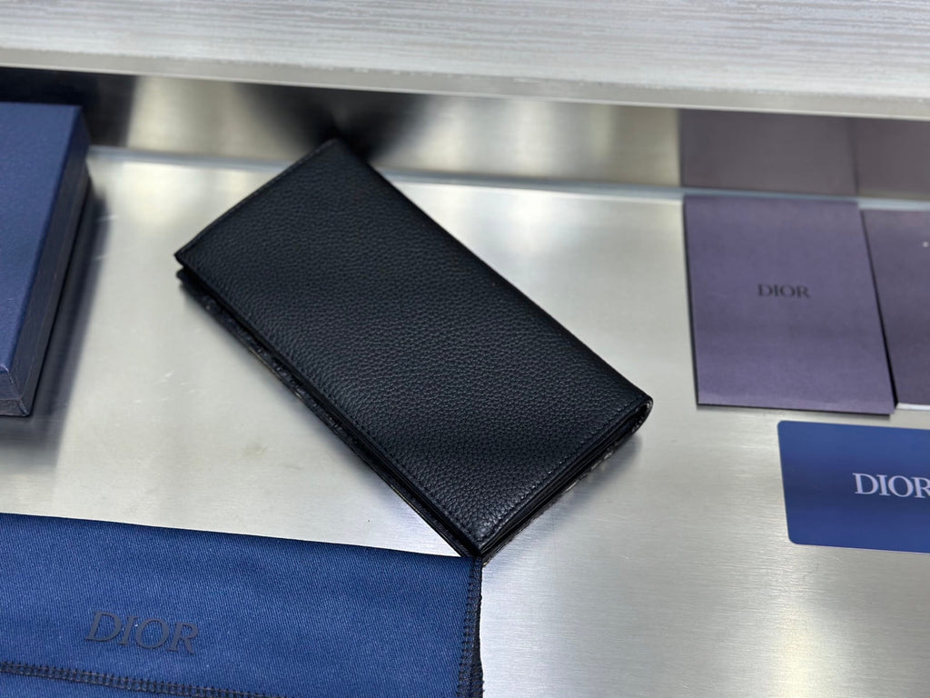 Dior Saddle Long Bifold Wallet - Black Grained Leather & Oblique