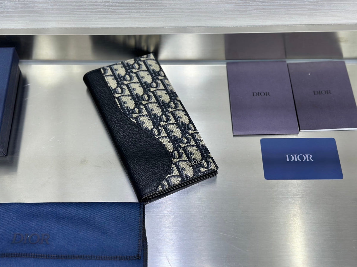 Dior Saddle Long Bifold Wallet - Black Grained Leather & Oblique