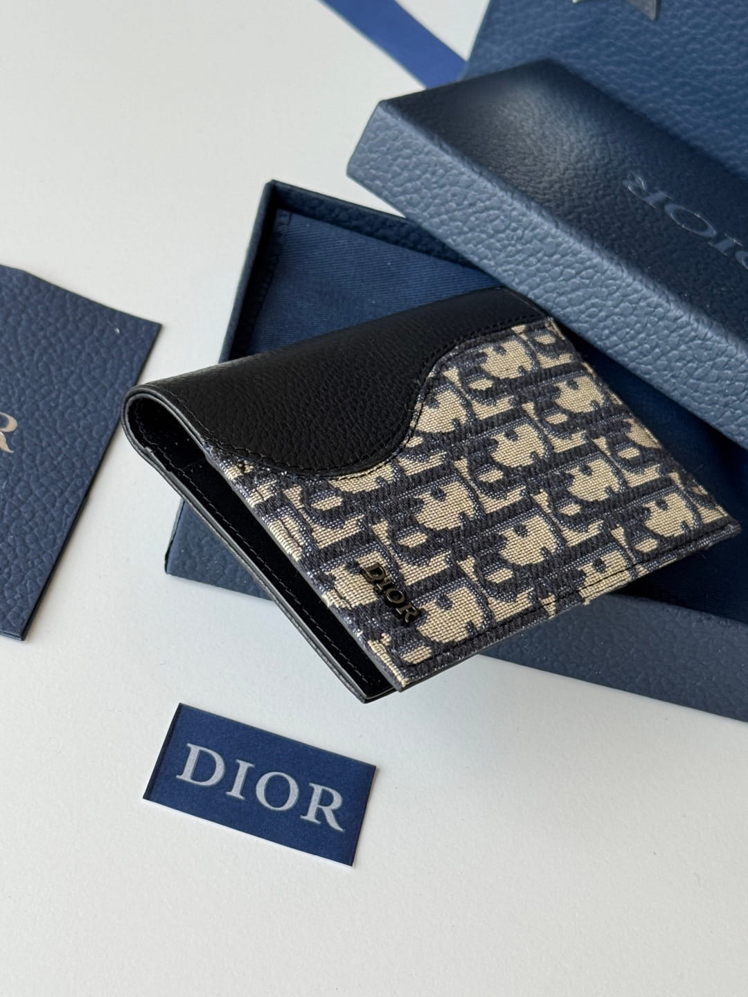 Dior Saddle Passport Cover Black Grained Calfskin Marquetry and Black Dior Oblique Jacquard