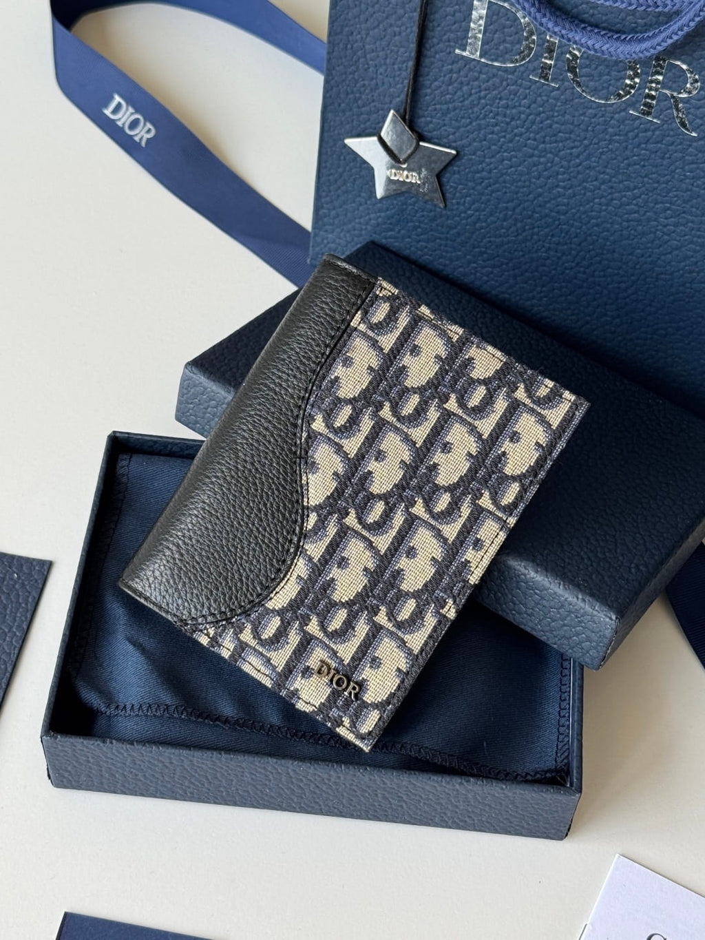 Dior Saddle Passport Cover Black Grained Calfskin Marquetry and Black Dior Oblique Jacquard