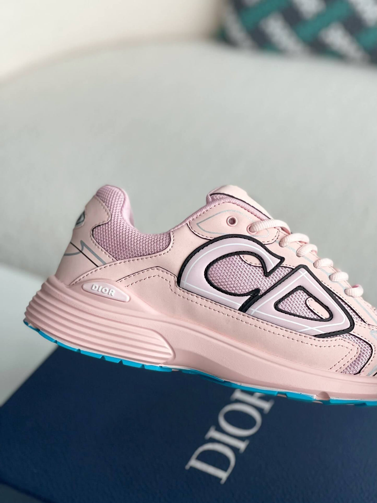 Dior B30 Low-Top Sneaker Pale Pink Leather and Mesh with Blue Rubber Sole