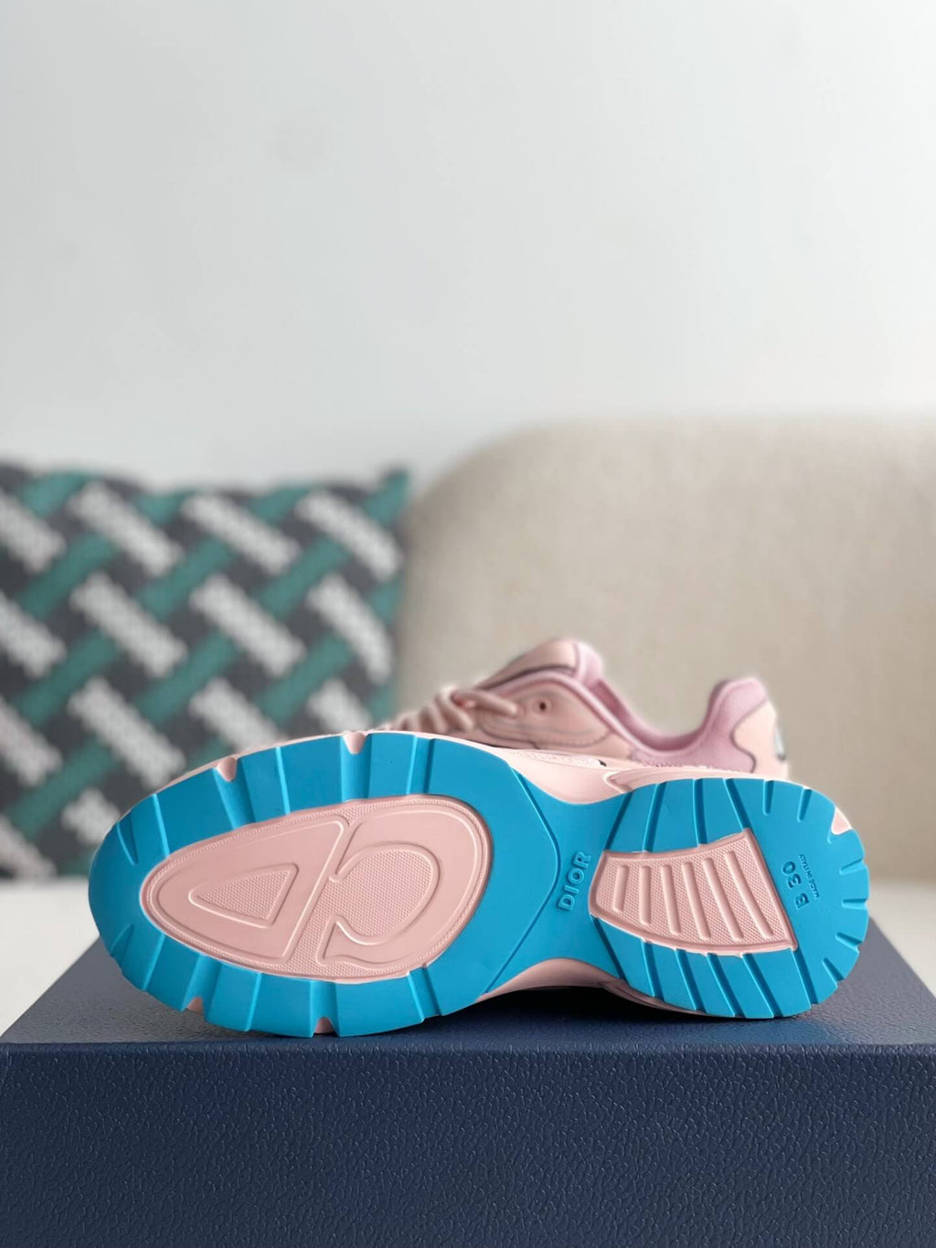 Dior B30 Low-Top Sneaker Pale Pink Leather and Mesh with Blue Rubber Sole