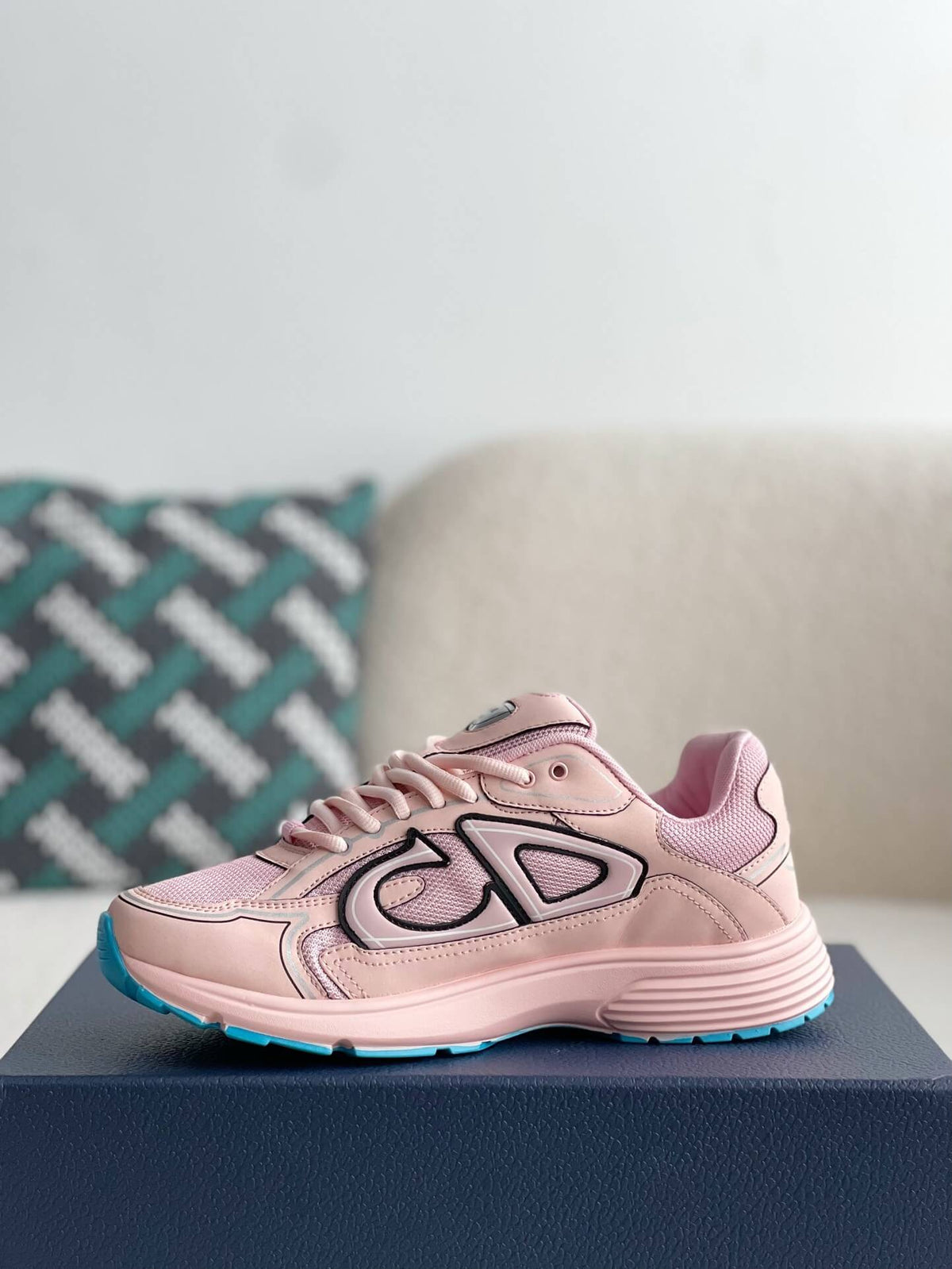 Dior B30 Low-Top Sneaker Pale Pink Leather and Mesh with Blue Rubber Sole