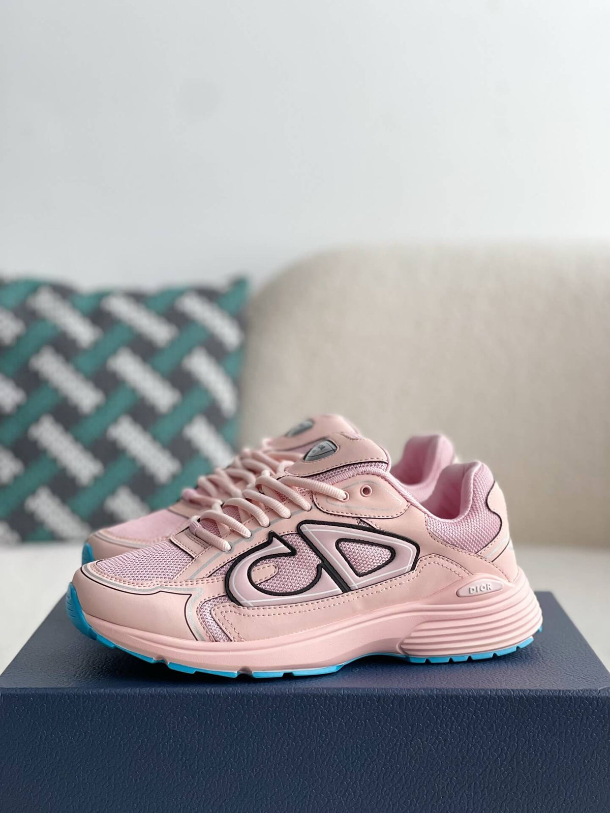 Dior B30 Low-Top Sneaker Pale Pink Leather and Mesh with Blue Rubber Sole
