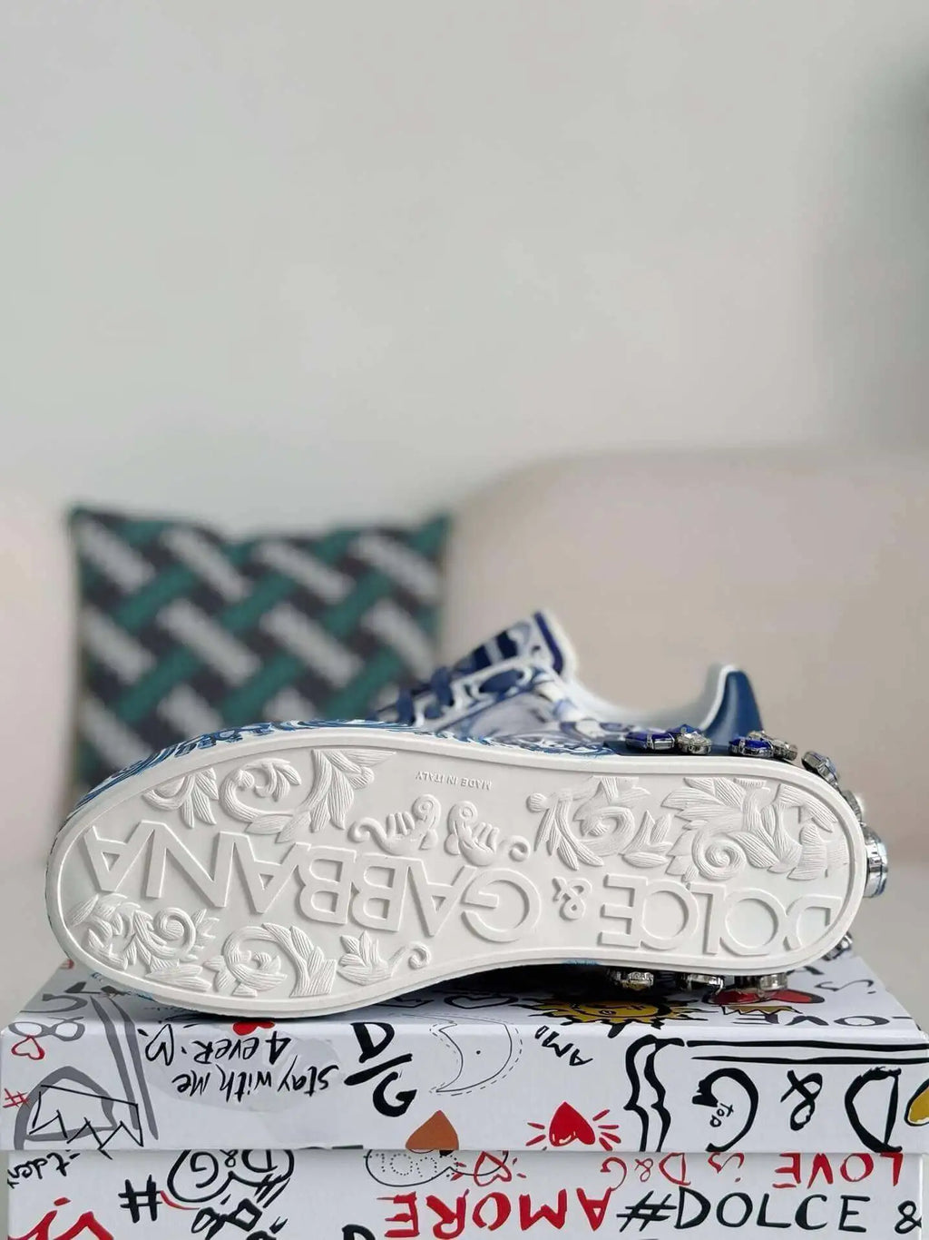 Dolce & Gabbana Portofino Sneaker – Blue & White Majolica Print with Crystals