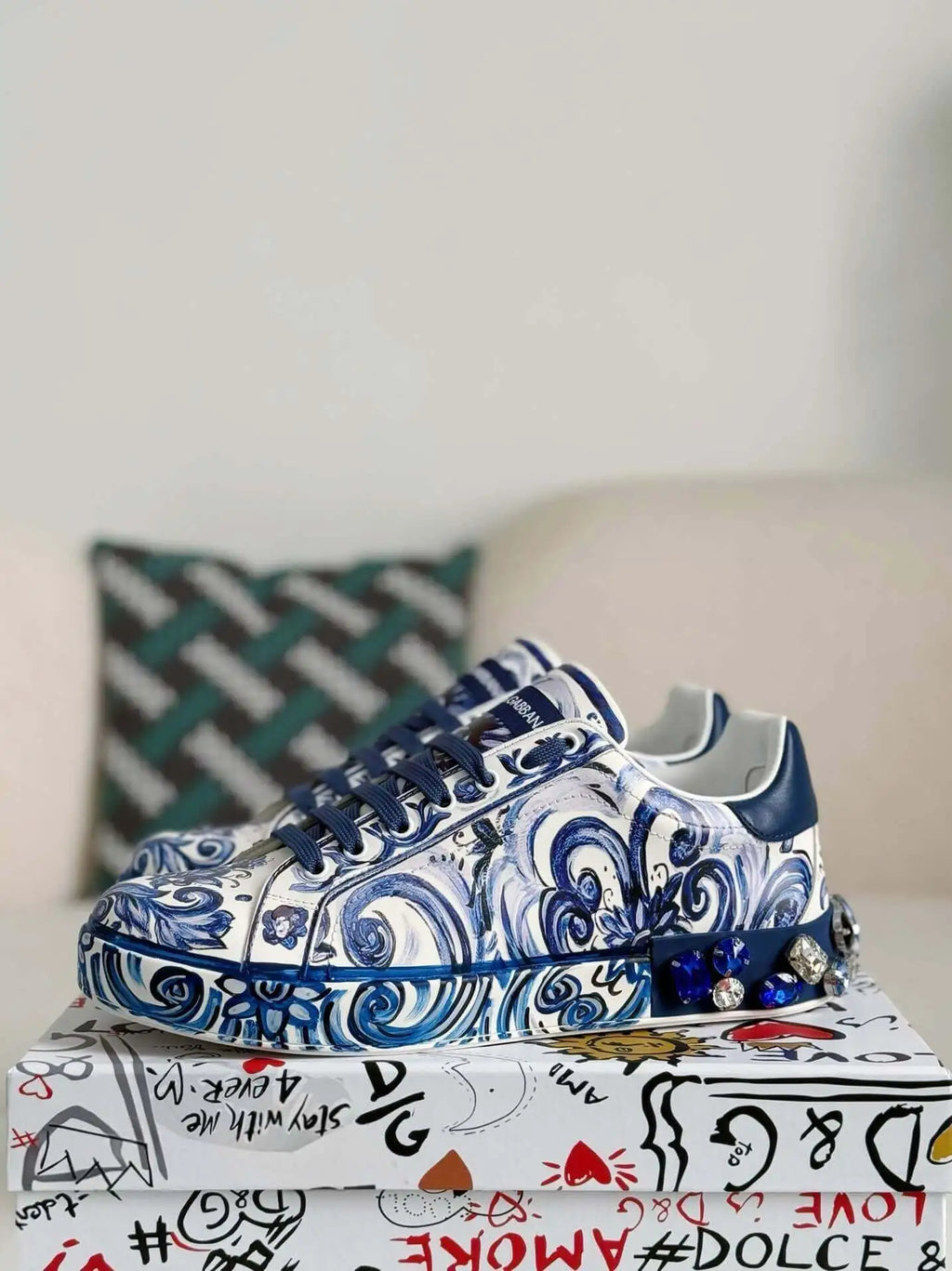 Dolce & Gabbana Portofino Sneaker – Blue & White Majolica Print with Crystals