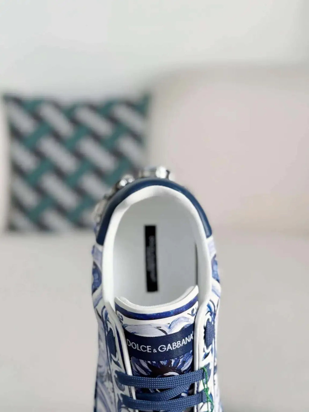 Dolce & Gabbana Portofino Sneaker – Blue & White Majolica Print with Crystals