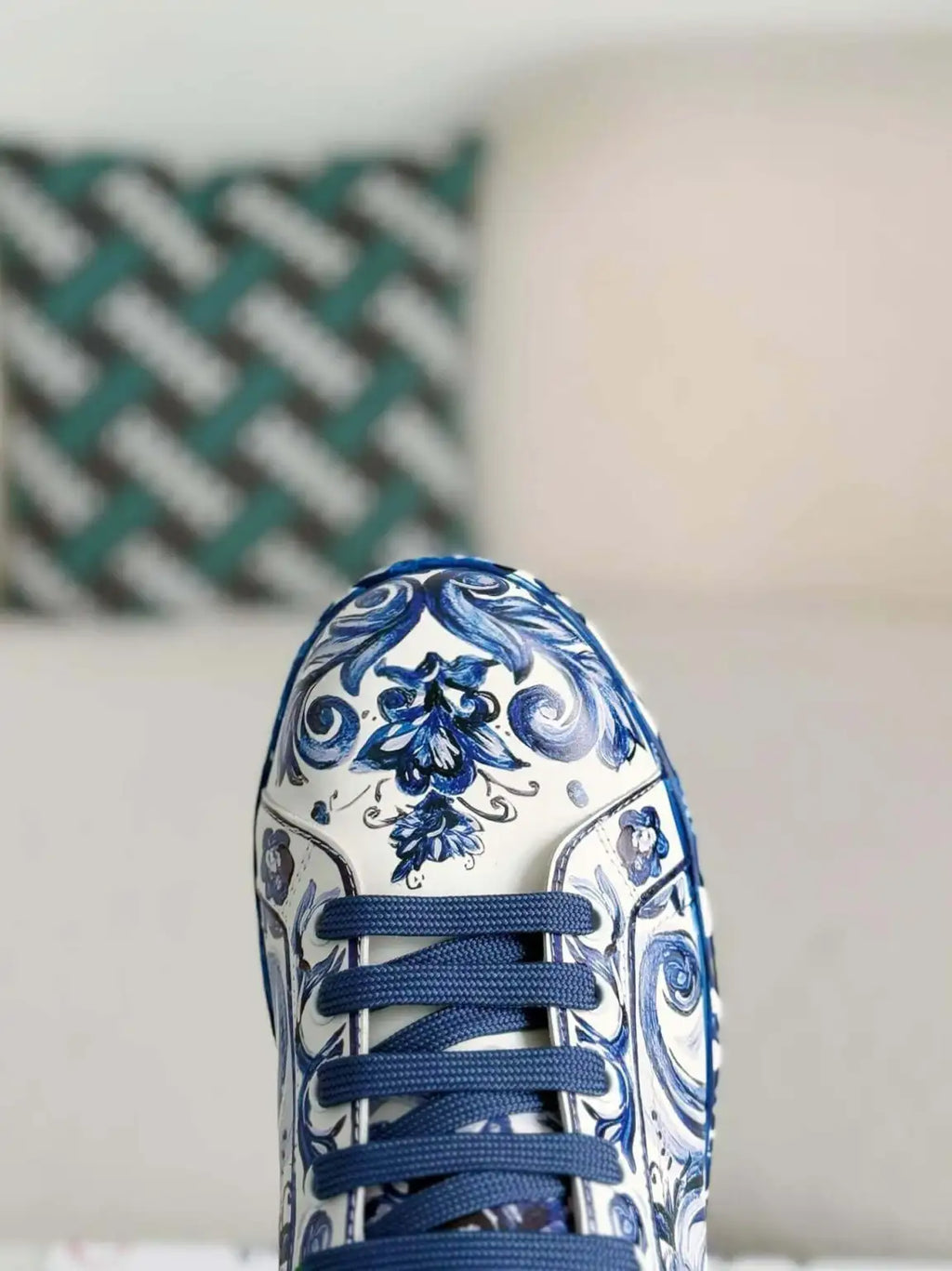 Dolce & Gabbana Portofino Sneaker – Blue & White Majolica Print with Crystals