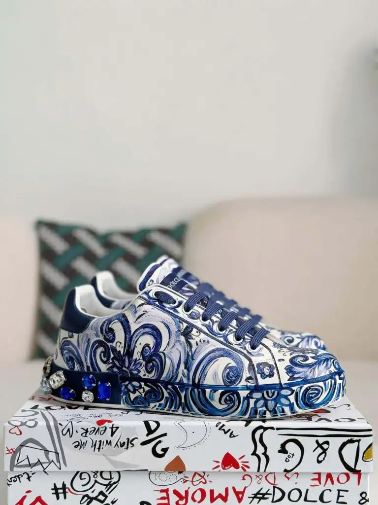 Dolce & Gabbana Portofino Sneaker – Blue & White Majolica Print with Crystals