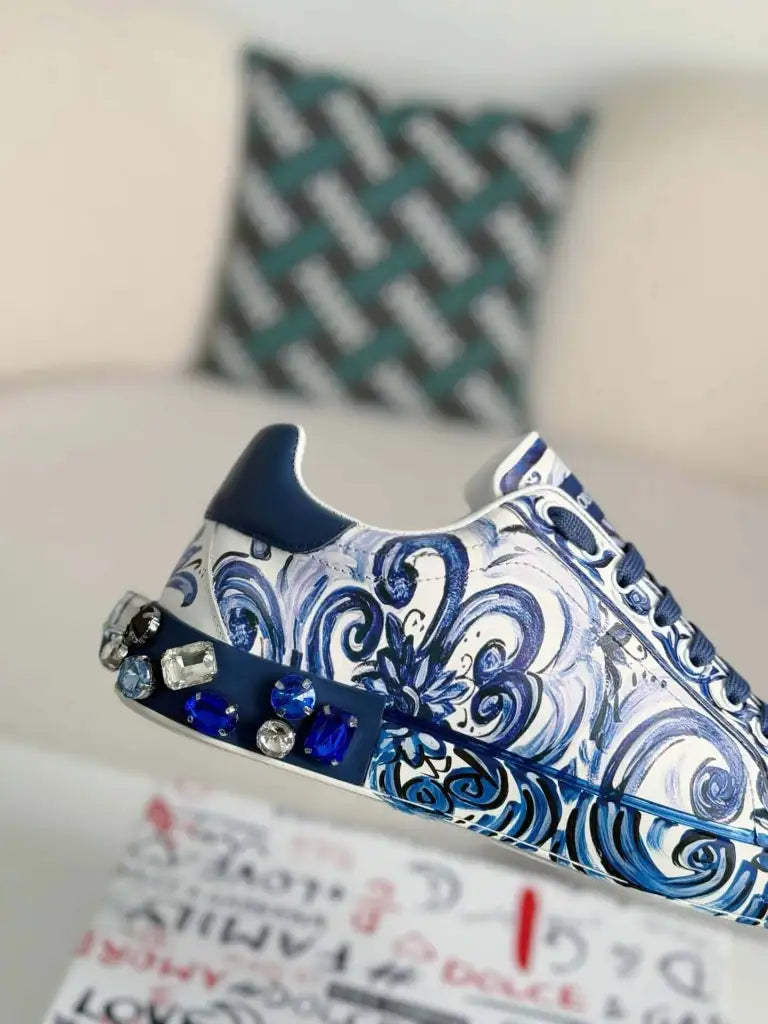 Dolce & Gabbana Portofino Sneaker – Blue & White Majolica Print with Crystals