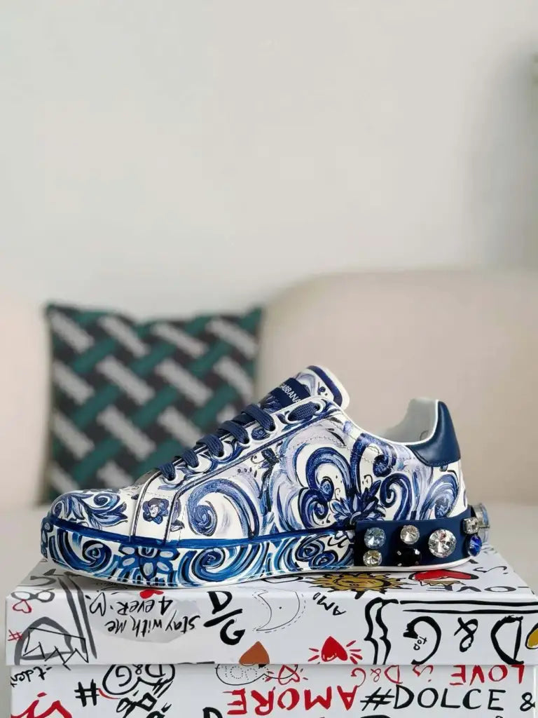 Dolce & Gabbana Portofino Sneaker – Blue & White Majolica Print with Crystals