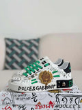 Dolce & Gabbana Portofino Sneaker – White Graffiti, Green Accents & Gold Crest