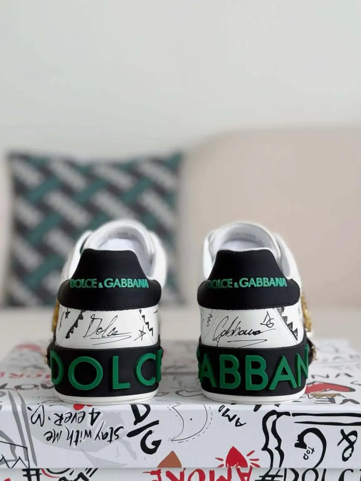 Dolce & Gabbana Portofino Sneaker – White Graffiti, Green Accents & Gold Crest