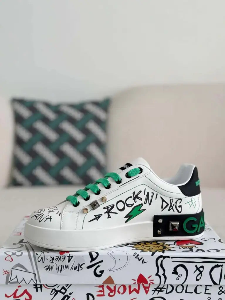 Dolce & Gabbana Portofino Sneaker – White Graffiti, Green Accents & Gold Crest