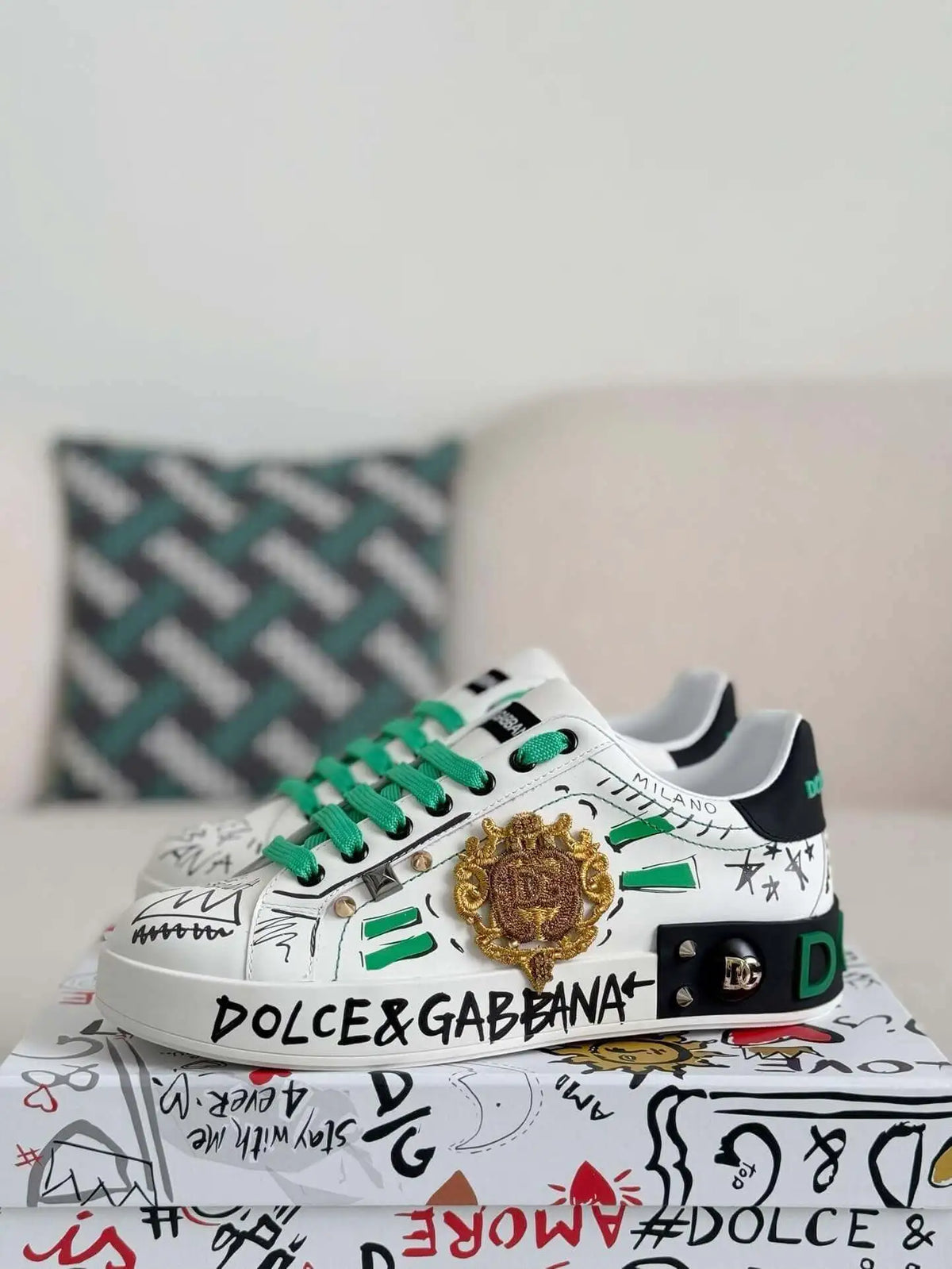 Dolce & Gabbana Portofino Sneaker – White Graffiti, Green Accents & Gold Crest
