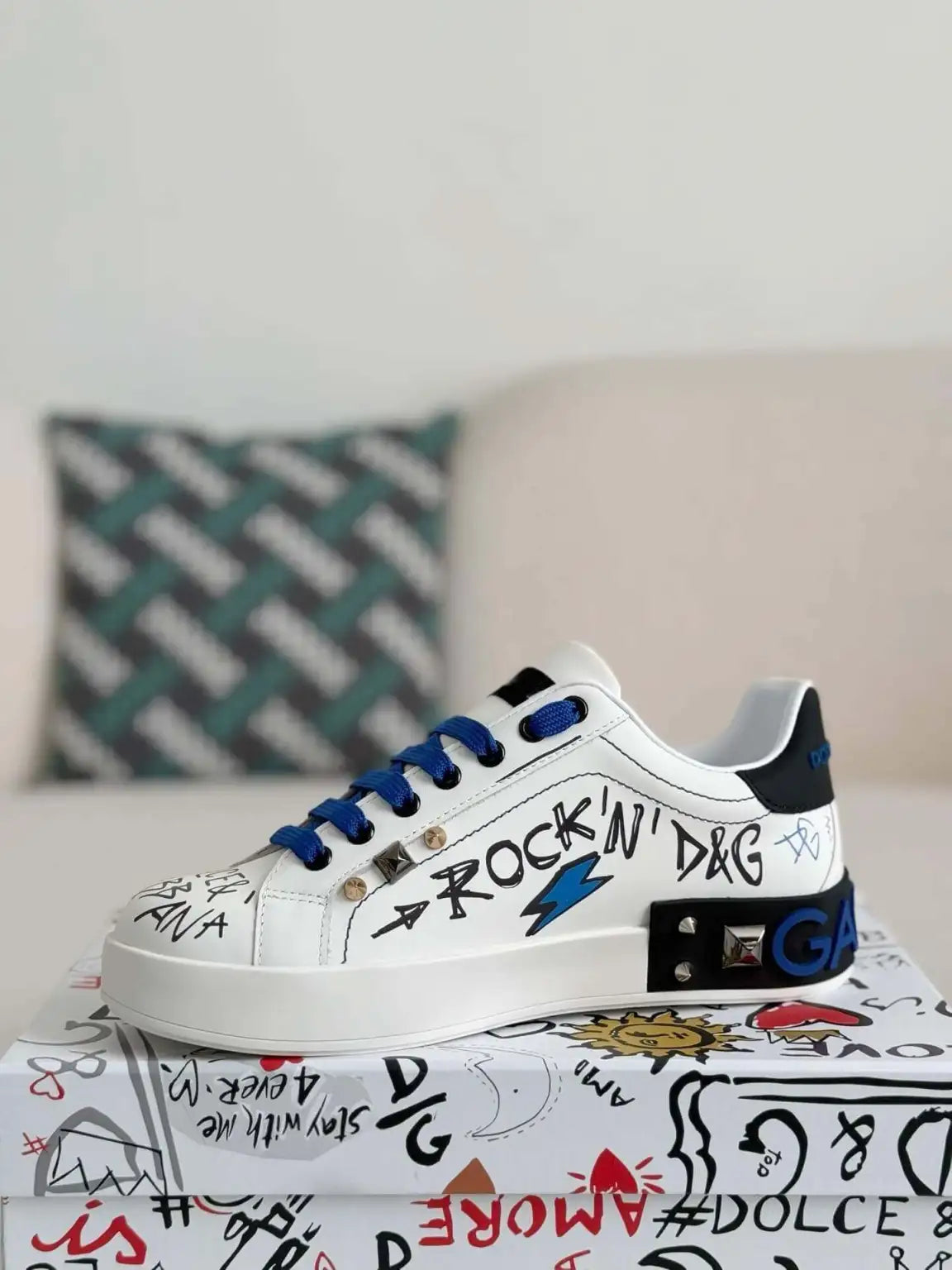 Dolce & Gabbana Portofino Sneaker – White Graffiti & Silver Crest