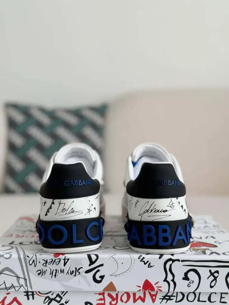 Dolce & Gabbana Portofino Sneaker – White Graffiti & Silver Crest