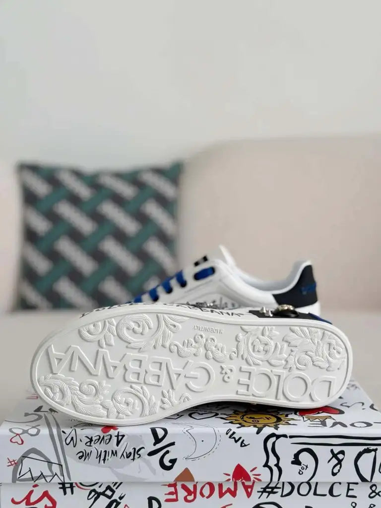 Dolce & Gabbana Portofino Sneaker – White Graffiti & Silver Crest