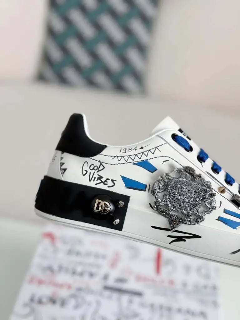 Dolce & Gabbana Portofino Sneaker – White Graffiti & Silver Crest