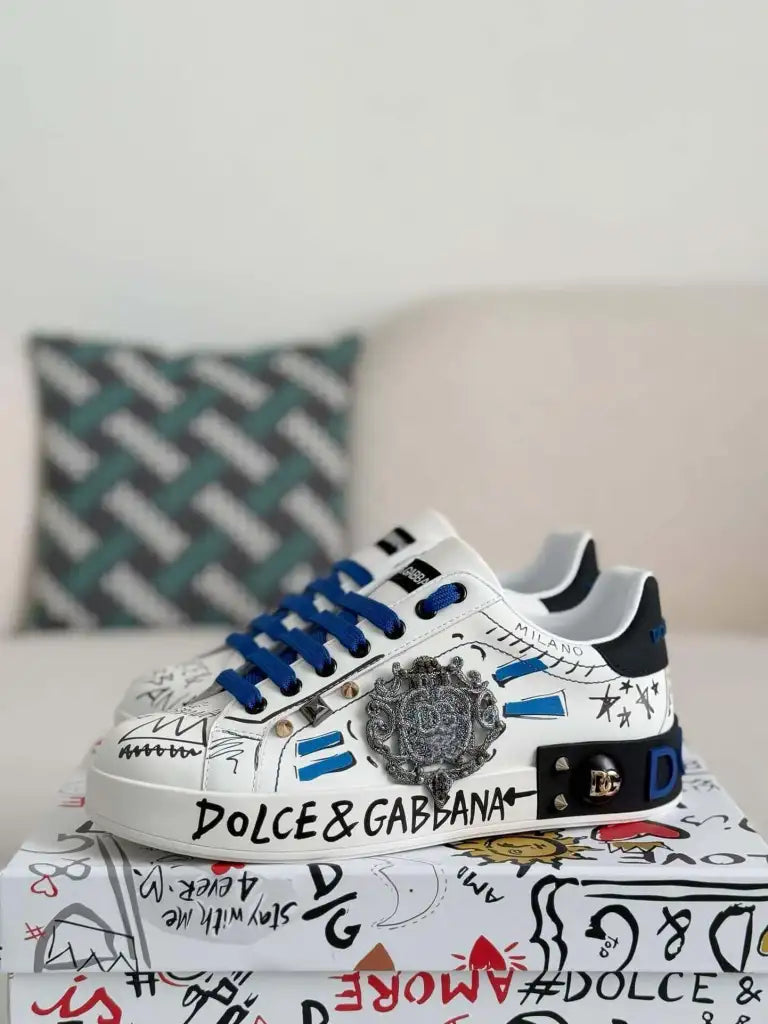 Dolce & Gabbana Portofino Sneaker – White Graffiti & Silver Crest
