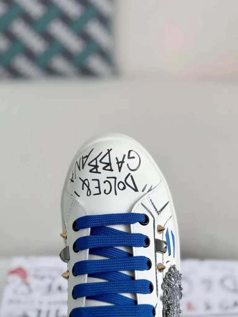 Dolce & Gabbana Portofino Sneaker – White Graffiti & Silver Crest