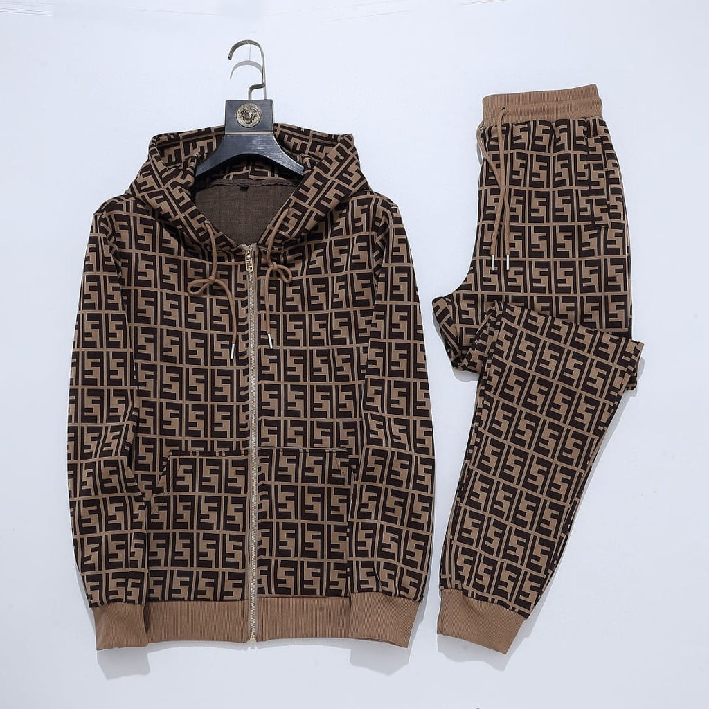 Fendi Allover FF Brown Zucca Logo Knit Tracksuit Set